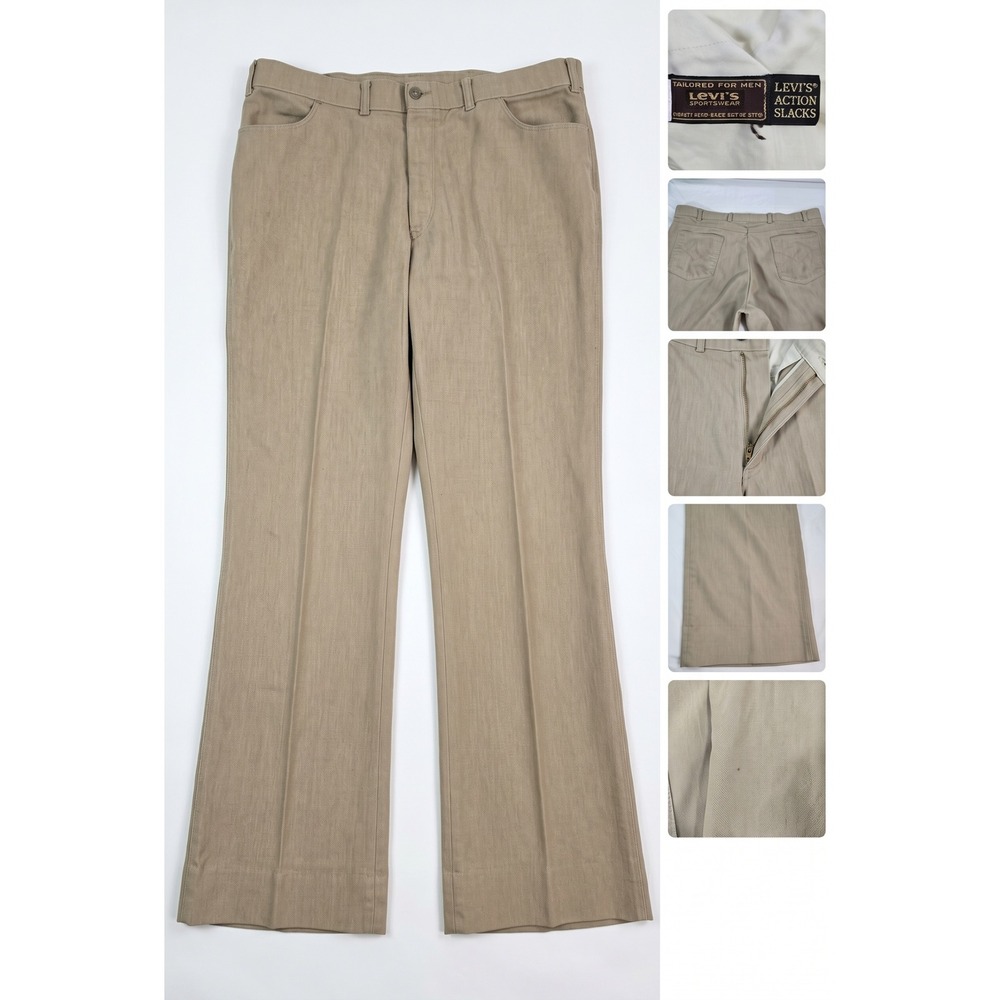 Vintage 70s Levi's Action Slacks Mens 38x31 Tan Flare Bootcut Made in USA Retro